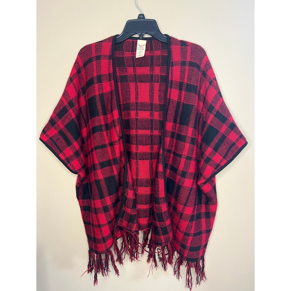 Faded Glory Womens‎ Buffalo Plaid Fringe Cardigan Poncho Shawl Size L 12/14